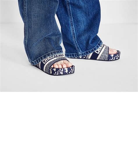 dway wedge slide blue dior oblique embroidered cotton|Dior deep blue slide.